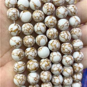 Synthetic White Turuqoise Beads With Golden Line Smooth Round, approx 12mm dia