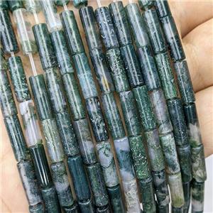 Natural Green Moss Agate Tube Beads, approx 4x13mm