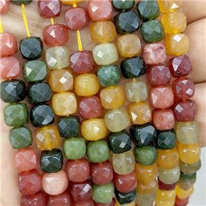 Jade Beads Dye Faceted Cube Mixed Color, approx 7-8mm