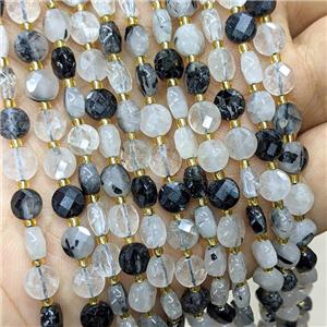 Natural Black Rutilated Quartz Beads Faceted Coin, approx 6mm