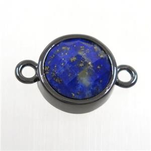 blue Lapis circle connector, black plated, approx 12mm dia