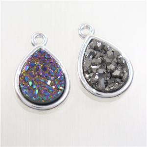 mix color Druzy agate pendant, teardrop, platinum plated, approx 11-14mm