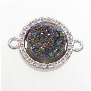 rainbow Druzy Quartz connector paved zircon, circle, platinum plated, approx 11mm dia