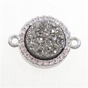 silver Druzy Quartz connector paved zircon, circle, platinum plated, approx 11mm dia