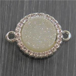 white AB-color Druzy Quartz connector paved zircon, circle, platinum plated, approx 11mm dia