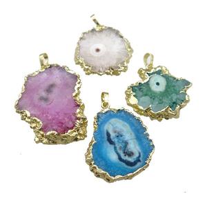 mix color Solar Quartz Druzy slice pendant, freeform, gold plated, approx 20-30mm