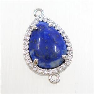 blue Lapis Lazuli teardrop connector pave zircon, platinum plated, approx 13-17mm