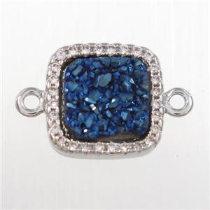 blue druzy quartz square connector pave zircon, platinum plated, approx 12x12mm