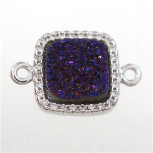 purple druzy quartz square connector pave zircon, platinum plated, approx 12x12mm