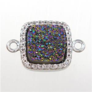 rainbow druzy quartz square connector pave zircon, platinum plated, approx 12x12mm