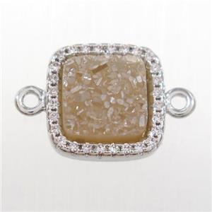 champagne druzy quartz square connector pave zircon, platinum plated, approx 12x12mm