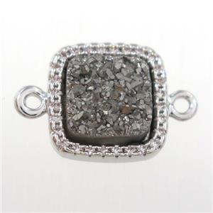 silver druzy quartz square connector pave zircon, platinum plated, approx 12x12mm