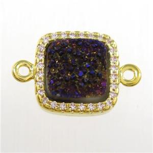 purple druzy quartz square connector pave zircon, gold plated, approx 12x12mm