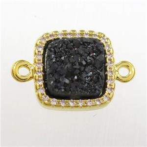 black druzy quartz square connector pave zircon, gold plated, approx 12x12mm