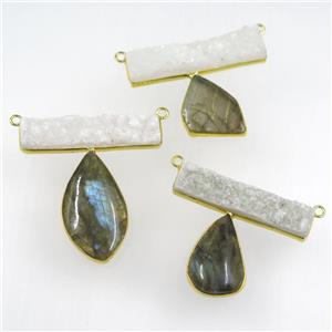 Labradorite pendants with white druzy quartz, freeform, gold plated, approx 10-40mm