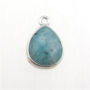 green Amazonite pendant, teardrop, platinum plated, approx 9-11mm