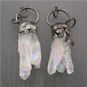 white AB-color Crystal Quartz pendants, black plated, approx 15-50mm