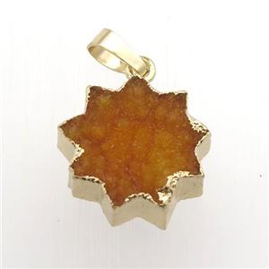 orange Druzy Quartz sunflower pendant, gold plated, approx 20mm dia