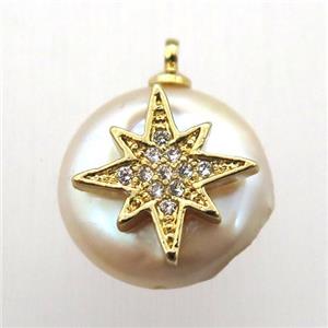 Natural pearl pendant with zircon, northstar, approx 10-14mm dia