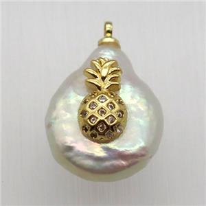 Natural pearl pendant with zircon, pineapple, approx 10-16mm