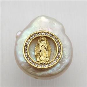 Natural pearl pendant with zircon, jesus, approx 10-16mm