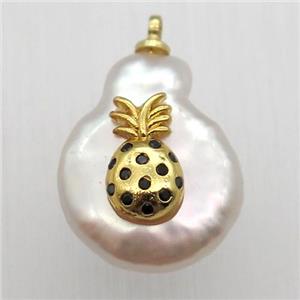 Natural pearl pendant with zircon, pineapple, approx 10-16mm