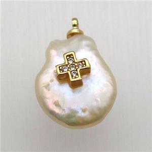 Natural pearl pendant with zircon, cross, approx 10-16mm