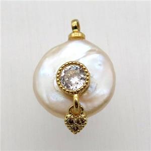 Natural pearl pendant with zircon, approx 10-16mm