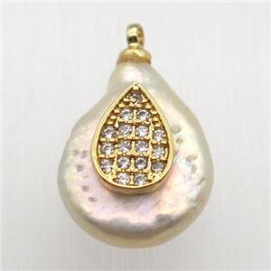 Natural pearl pendant with zircon, teardrop, approx 10-16mm