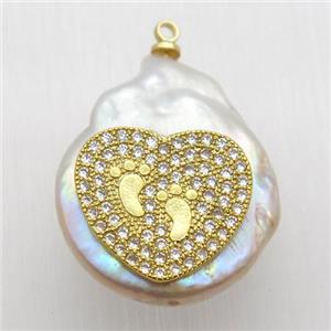 Natural pearl pendant with zircon, heart, approx 10-16mm