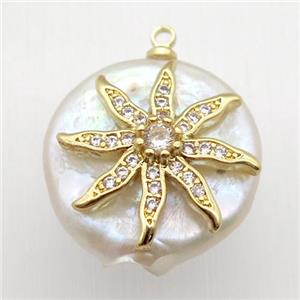 Natural pearl pendant with zircon, flower, approx 18mm dia