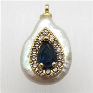 Natural pearl pendant with zircon, teardrop, approx 10-16mm