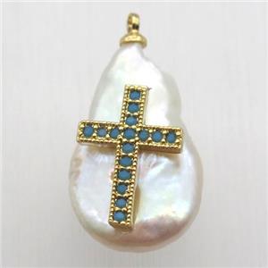 Natural pearl pendant with zircon, cross, approx 10-16mm