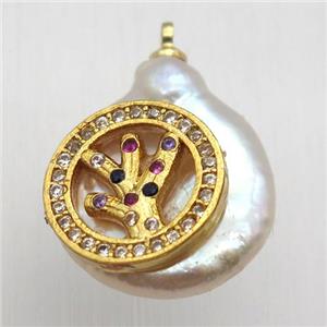 Natural pearl pendant with zircon, approx 10-16mm