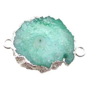 green Solar Quartz Druzy slab connector, freeform, silver plated, approx 20-25mm