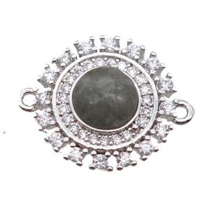 Labradorite circle connector pave zircon, platinum plated, approx 15mm dia