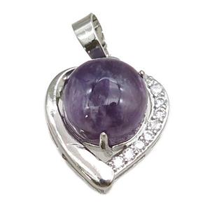 amethyst pendant paved rhinestone, heart, platinum plated, approx 11mm, 17mm