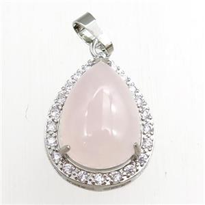 rose quartz pendant paved rhinestone, teardrop, platinum plated, approx 13-18mm, 18-25mm