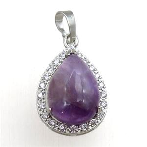 purple amethyst pendant paved rhinestone, teardrop, platinum plated, approx 13-18mm, 18-25mm