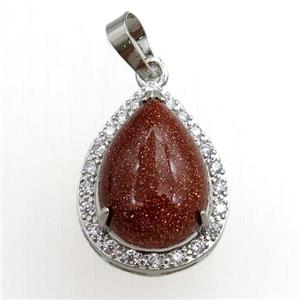 gold sandstone pendant paved rhinestone, teardrop, platinum plated, approx 13-18mm, 18-25mm