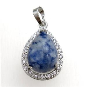 blue sodalite pendant paved rhinestone, teardrop, platinum plated, approx 13-18mm, 18-25mm