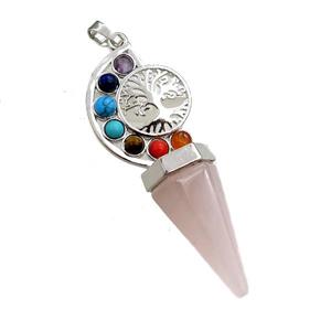 rose quartz chakra pendulum pendant, tree of life, platinum plated, approx 18-60mm