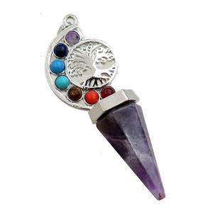 amehyst chakra pendulum pendant, tree of life, platinum plated, approx 18-60mm