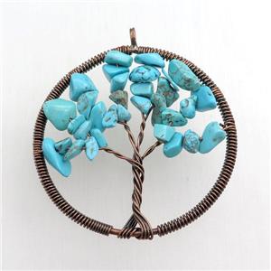 blue turquoise pendant, tree of life, wire wrapped, approx 45mm