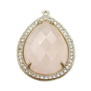 Rose Quartz pendant pave rhinestone, faceted teardrop, approx 18-25mm