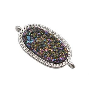 rainbow druzy quartz oval connector, platinum plated, approx 10-16.5mm