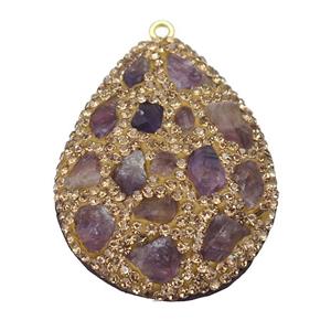 Amethyst teardrop pendant pave yellow rhinestone, approx 30-40mm