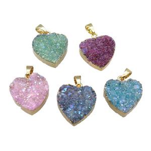 Mix Quartz Druzy Heart Pendant AB-Color Gold Plated, approx 20mm