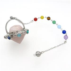 Pink Rose Quartz Pendulum Pendant Chakra Platinum Plated, approx 35mm, 18cm chain