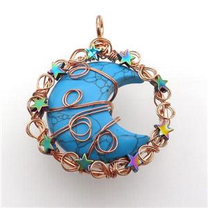 Blue Turquoise Moon Pendant Wire Wrapped, approx 46mm